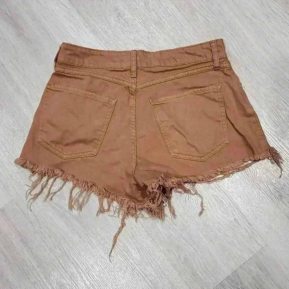 Forever 21 Women's Distressed Frayed Denim Cut-Off Shorts Khaki Tan Size 26 - Picture 2 of 6